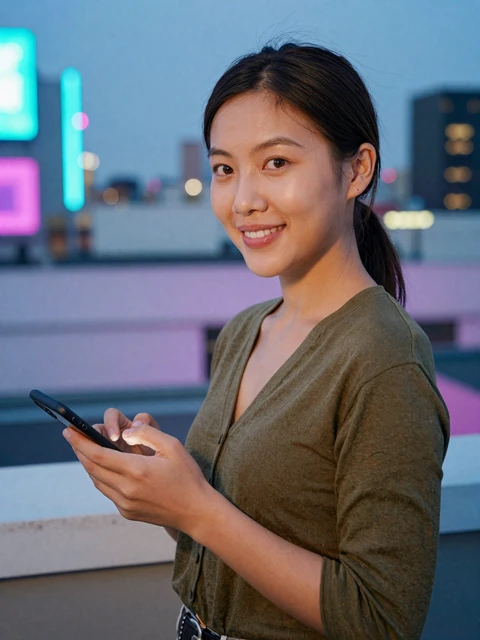 Tasha checking messages on a rooftop at blue hour - realistic SendBerly online dating safety photo