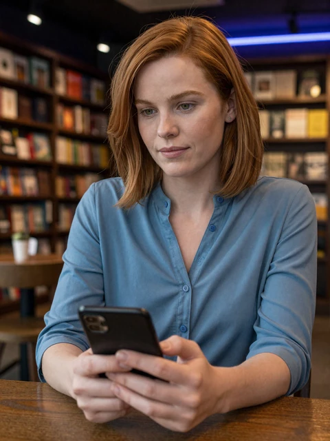 Rachel browsing matches on her phone in a bookstore cafe for the SendBerly safety guide