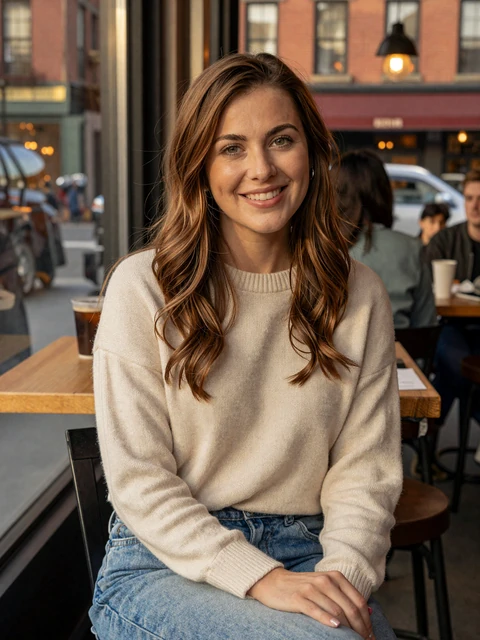 Elena, 34, real SendBerly dating site member profile from Brooklyn smiling in a cafe