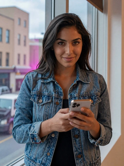 Elena with smartphone near a city window - authentic SendBerly safety review profile image