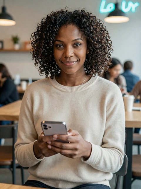 Nina using a dating app safely in a coffee shop - realistic SendBerly safety profile example