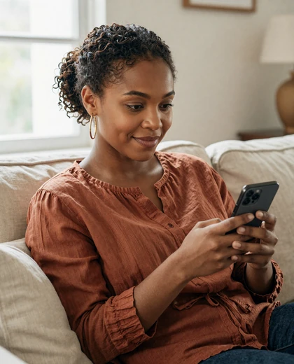 Woman in everyday clothing on smartphone for SendBerly vs Tinder serious dating comparison