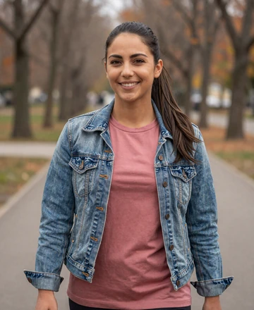 Realistic woman in casual denim jacket smiling for SendBerly vs Tinder dating comparison page